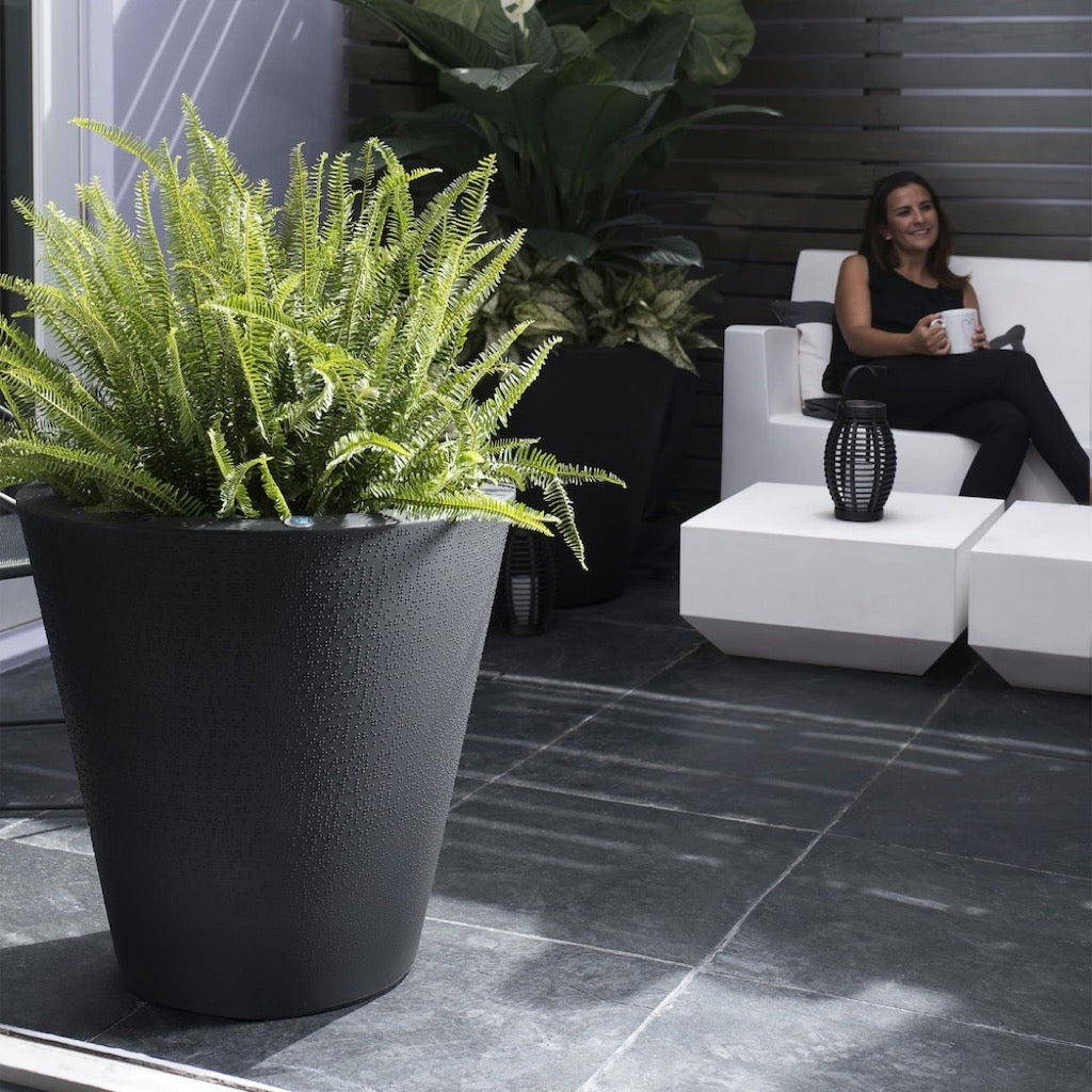 Woman sitting on a white chair with a plant in the foreground