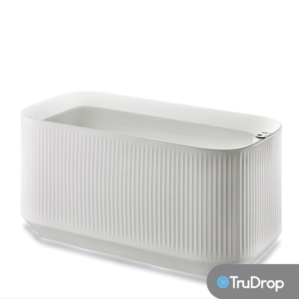 White pet water bowl with ribbed texture on a white background, featuring the TruDrop logo.